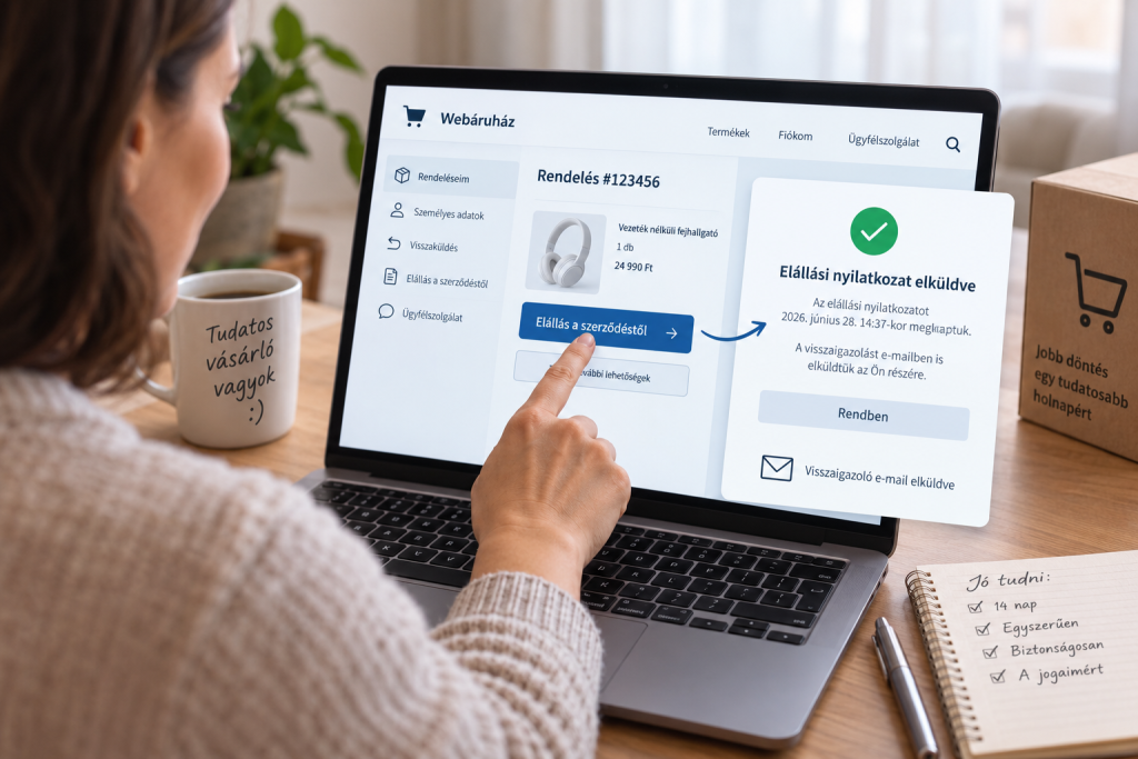 Fogyasztó egy webáruház „Elállás a szerződéstől” funkcióját használja, majd visszaigazolást kap az elállásról.